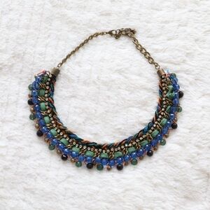 Statement necklace boho mixed metal beads ribbons bohemian jewellery blue bronze